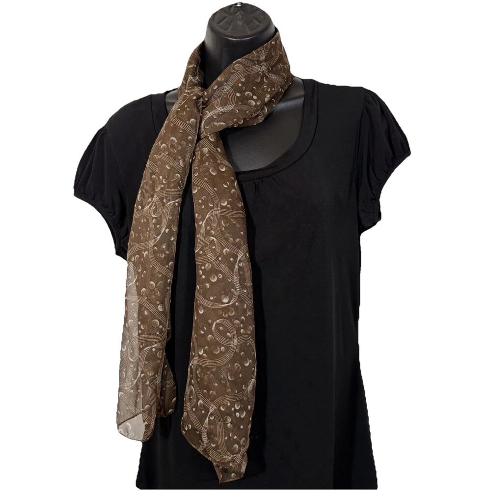 Sheer Brown Rectangle Scarf Circle Polka Dot Moon Ribbons Retro Vintage 56" Long